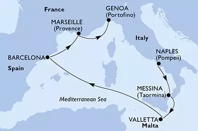 Naples,Messina,Valletta,Barcelona,Marseille,Genoa