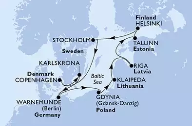 Copenhagen,Karlskrona,Warnemunde,Gdynia,Klaipeda,Riga,Tallinn,Helsinki,Stockholm,Stockholm,Copenhagen