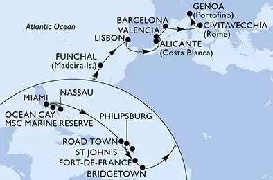 Miami,Ocean Cay,Ocean Cay,Nassau,Miami,Road Town,St John s,Philipsburg,Fort de France,Bridgetown,Funchal,Lisbon,Alicante,Valencia,Barcelona,Civitavecchia,Genoa