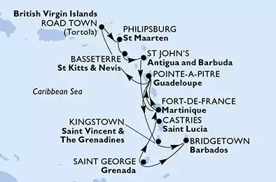 Fort de France,Pointe-a-Pitre,Road Town,Philipsburg,Basseterre,St John s,Fort de France,Pointe-a-Pitre,Kingstown,Bridgetown,Saint George,Castries,Fort de France