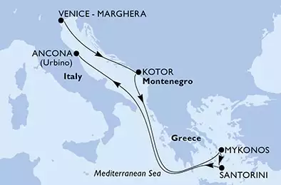 Venice-Marghera,Kotor,Mykonos,Mykonos,Santorini,Ancona