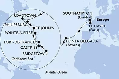 Southampton,Le Havre,Ponta Delgada,Ponta Delgada,Road Town,Philipsburg,St John s,Fort de France,Pointe-a-Pitre,Castries,Bridgetown