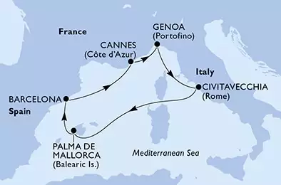 Genoa,Civitavecchia,Palma de Mallorca,Barcelona,Cannes,Genoa