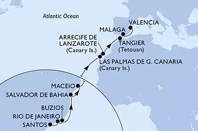 Santos,Rio de Janeiro,Buzios,Salvador,Maceio,Las Palmas de G.Canaria,Arrecife de Lanzarote,Tangier,Malaga,Valencia