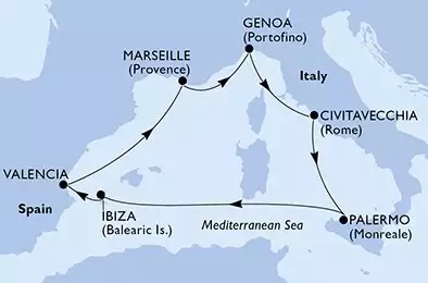 Valencia,Marseille,Genoa,Civitavecchia,Palermo,Ibiza,Valencia