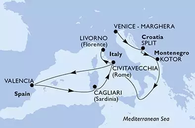 Venice-Marghera,Split,Kotor,Civitavecchia,Valencia,Cagliari,Civitavecchia,Livorno