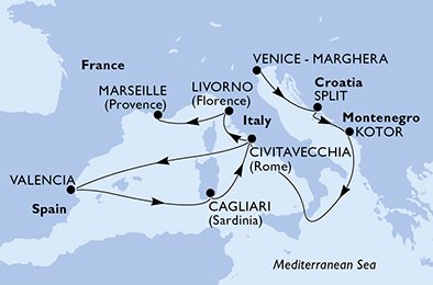 Venice-Marghera,Split,Kotor,Civitavecchia,Valencia,Cagliari,Civitavecchia,Livorno,Marseille