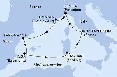 Cagliari,Civitavecchia,Genoa,Cannes,Tarragona,Ibiza,Cagliari