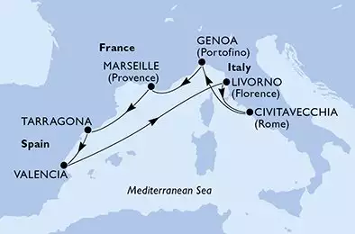 Civitavecchia,Genoa,Marseille,Tarragona,Valencia,Livorno,Civitavecchia