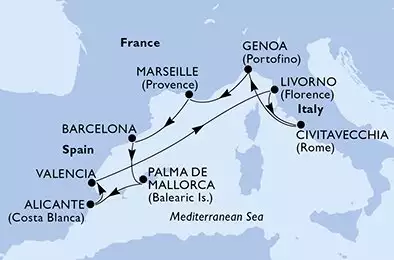 Genoa,Marseille,Barcelona,Palma de Mallorca,Alicante,Valencia,Livorno,Civitavecchia,Genoa