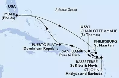 Miami,Philipsburg,Charlotte Amalie,Basseterre,St John s,San Juan,Puerto Plata,Miami