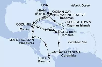 Miami,Ocean Cay,Cozumel,George Town,Ocho Rios,Miami,George Town,Ocho Rios,Cartagena,Colon,Isla de Roatan,Ocean Cay,Miami