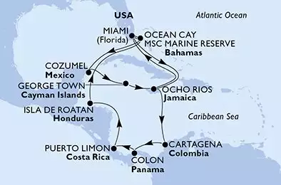 Miami,Ocean Cay,Cozumel,George Town,Ocho Rios,Miami,Ocho Rios,Cartagena,Colon,Puerto Limon,Isla de Roatan,Ocean Cay,Miami