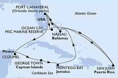 Port Canaveral,Cozumel,George Town,Montego Bay,Nassau,Port Canaveral,Ocean Cay,San Juan,Nassau,Port Canaveral