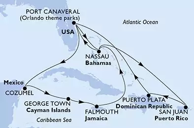 Port Canaveral,Nassau,San Juan,Puerto Plata,Port Canaveral,Cozumel,George Town,Falmouth,Nassau,Port Canaveral