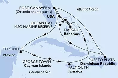 Port Canaveral,Nassau,Ocean Cay,Puerto Plata,Port Canaveral,Cozumel,George Town,Falmouth,Nassau,Port Canaveral