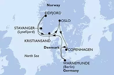 Oslo,Copenhagen,Warnemunde,Stavanger,Eidfjord,Kristiansand,Oslo