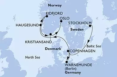 Stockholm,Copenhagen,Warnemunde,Haugesund,Eidfjord,Kristiansand,Oslo