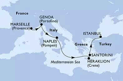 Marseille,Genoa,Naples,Heraklion,Santorini,Istanbul