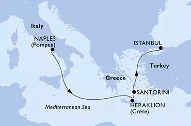 Naples,Heraklion,Santorini,Istanbul