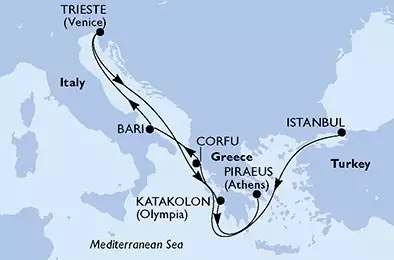 Istanbul,Corfu,Bari,Trieste,Katakolon,Piraeus