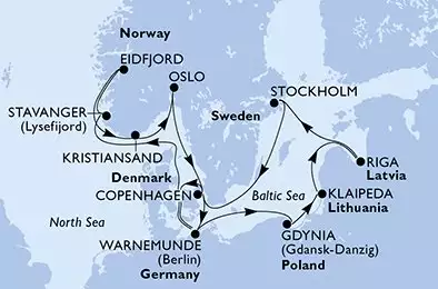 Warnemunde,Gdynia,Klaipeda,Riga,Stockholm,Copenhagen,Warnemunde,Stavanger,Eidfjord,Kristiansand,Oslo,Copenhagen,Warnemunde