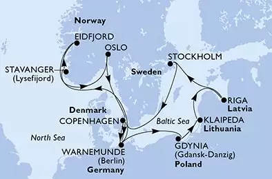 Copenhagen,Warnemunde,Stavanger,Eidfjord,Oslo,Copenhagen,Warnemunde,Gdynia,Klaipeda,Riga,Stockholm,Copenhagen