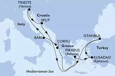 Trieste,Split,Piraeus,Kusadasi,Istanbul,Corfu,Bari,Trieste