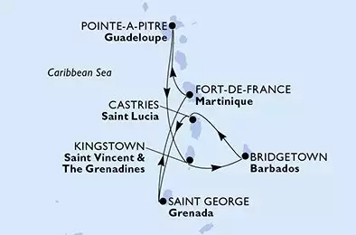 Fort de France,Pointe-a-Pitre,Kingstown ,Bridgetown,Castries,Saint George,Fort de France