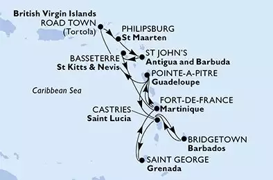 Bridgetown,Castries,Saint George,Fort de France,Pointe-a-Pitre,Road Town,Philipsburg,St John s,Basseterre,Fort de France,Pointe-a-Pitre,Castries,Bridgetown