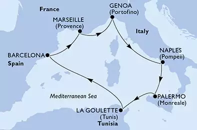 Barcelona,Marseille,Genoa,Naples,Palermo,La Goulette,Barcelona