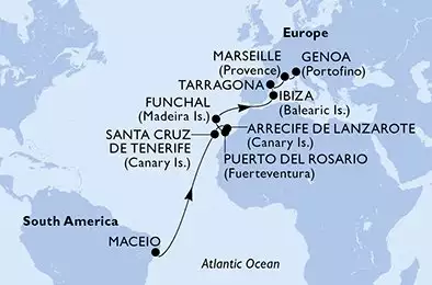 Maceio,Santa Cruz de Tenerife,Arrecife de Lanzarote,Puerto del Rosario,Funchal,Ibiza,Tarragona,Marseille,Genoa