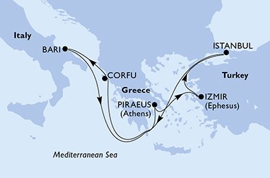 Izmir,Istanbul,Corfu,Bari,Piraeus,Izmir