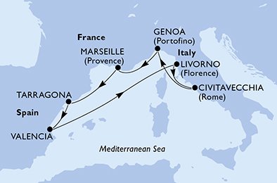 Valencia,Livorno,Civitavecchia,Genoa,Marseille,Tarragona,Valencia