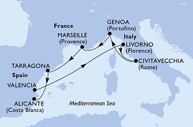 Valencia,Livorno,Civitavecchia,Genoa,Marseille,Tarragona,Alicante